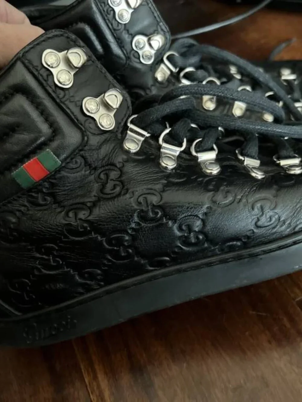 AUTHENTIC Gucci Bambi GG Monogram High Top Black Leather Sneakers UK 8 OR US 9